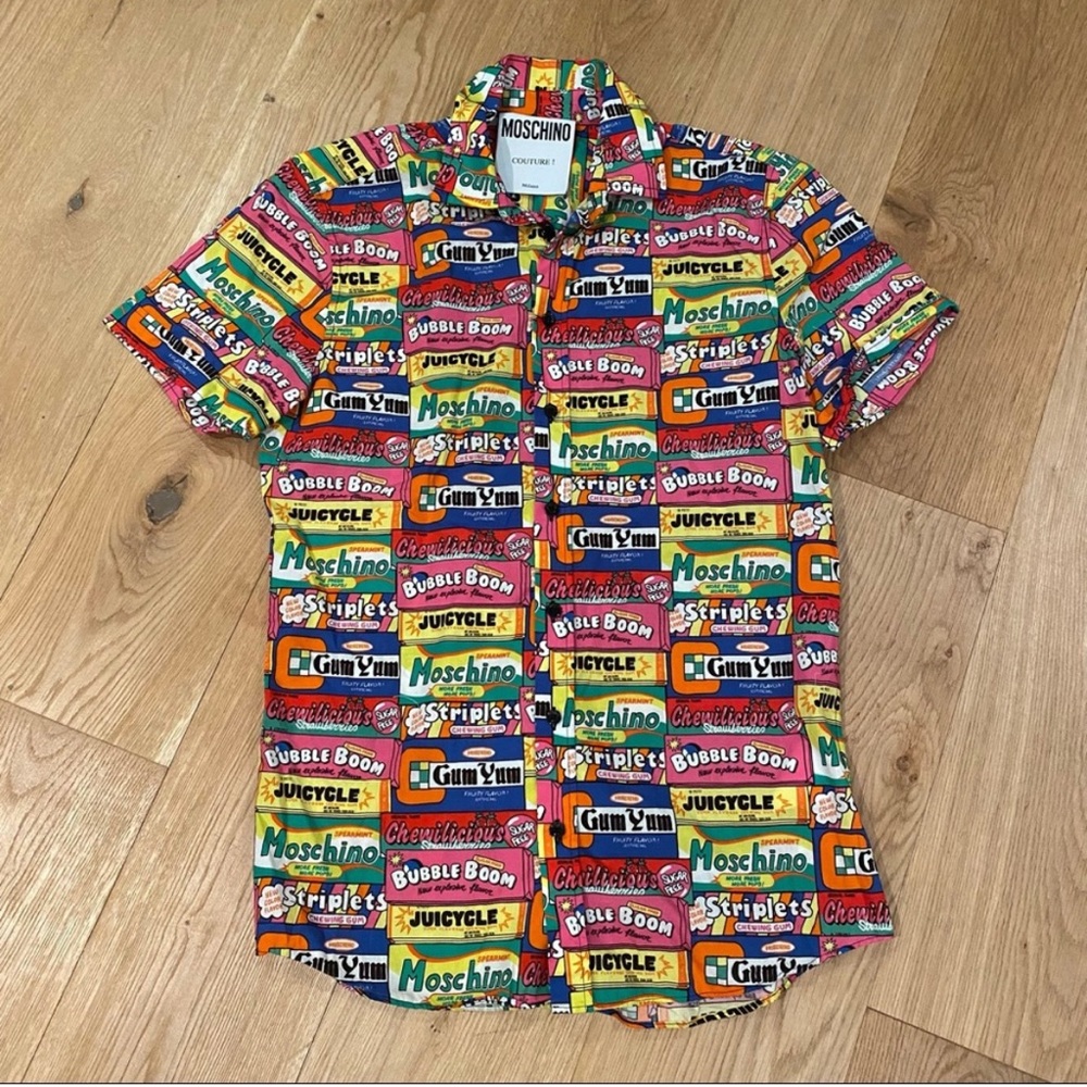 Moschino Couture Rare Chewing Gum Wrapper Print Button Up Size Medium - Picture 2 of 8